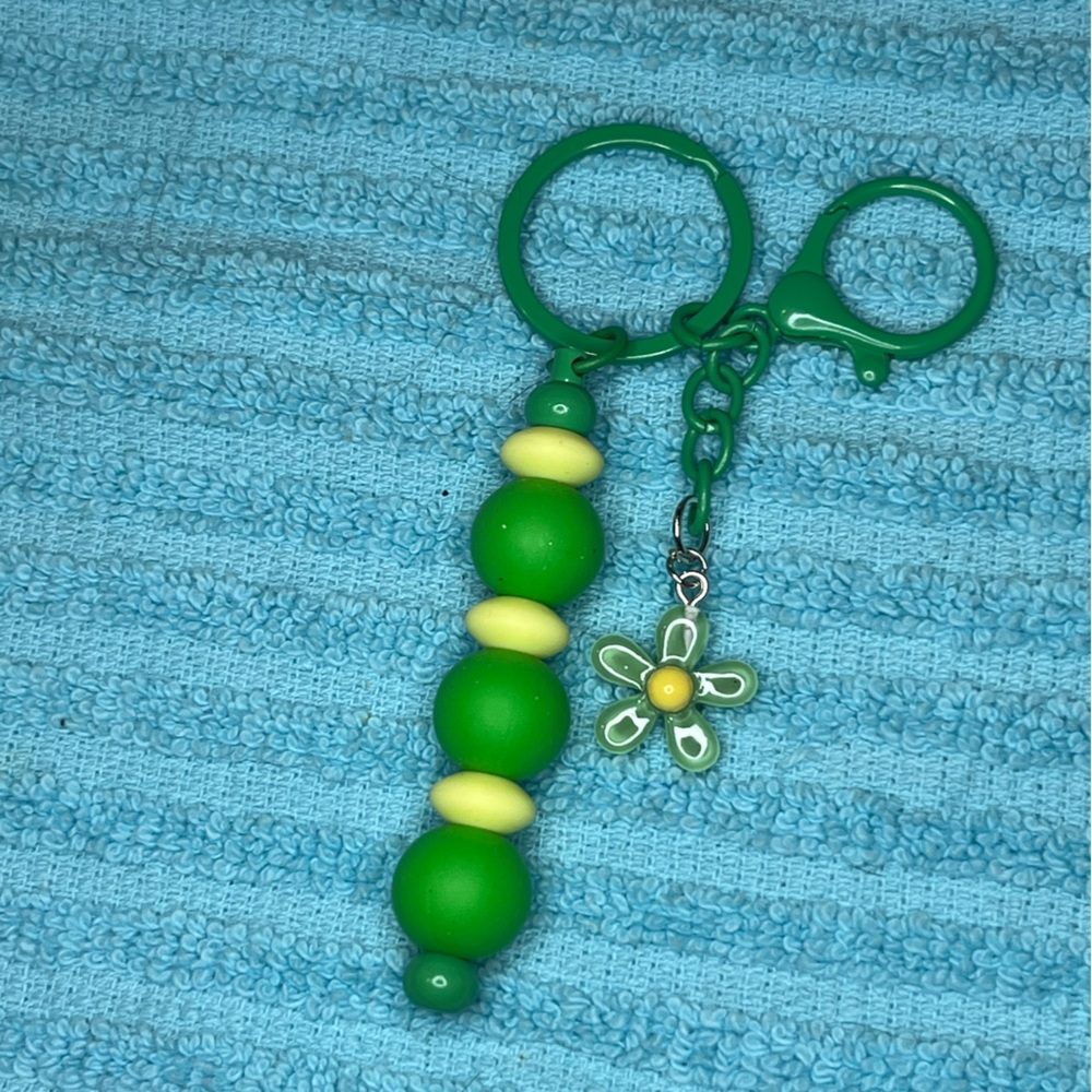 Green and Yellow Beaded Keychain with Flower Charm